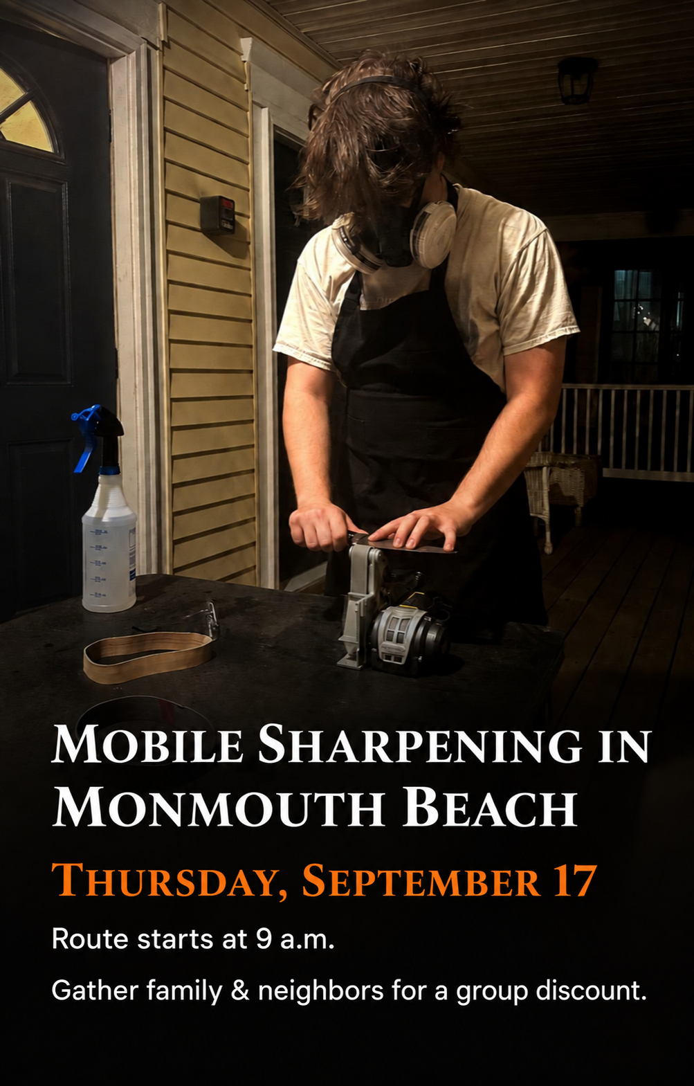 Anthony sharpening a kitchen knife at his workbench